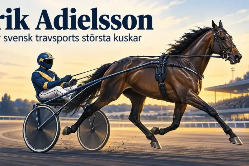 Illustration av en travhäst med sulky och en anonym kusk på en travbana i kvällsljus, med texten ”Erik Adielsson – En av svensk travsports största kuskar”.