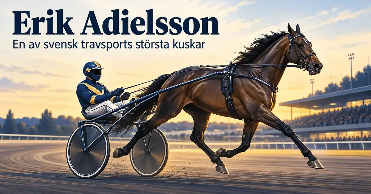 Illustration av en travhäst med sulky och en anonym kusk på en travbana i kvällsljus, med texten ”Erik Adielsson – En av svensk travsports största kuskar”.