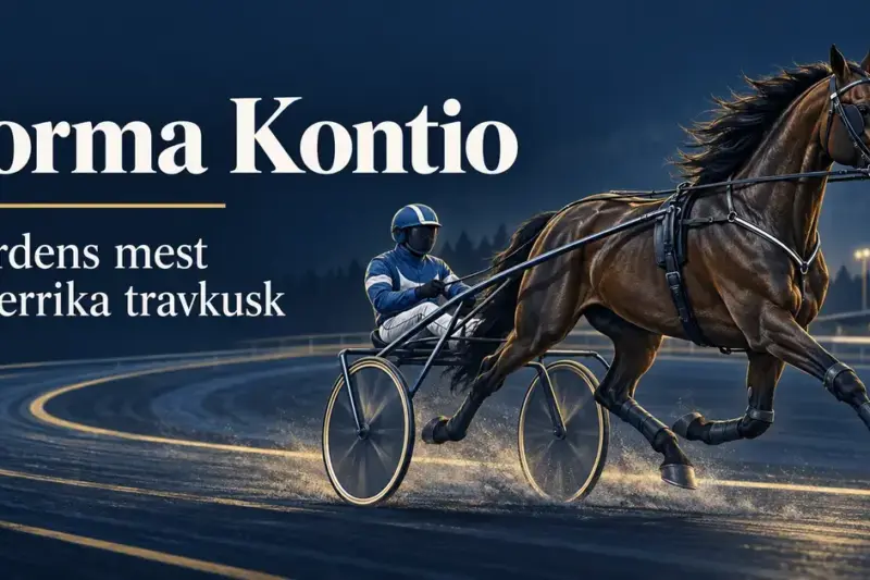 Illustration av en travhäst med sulky och en fiktiv kusk på en travbana, med texten ”Jorma Kontio – Nordens mest segerrika travkusk”.
