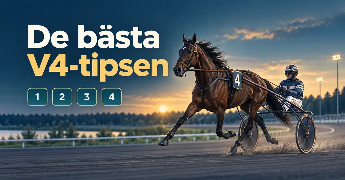 En travhäst med kusk i sulky på en travbana i solnedgång, bredvid rubriken ”De bästa V4-tipsen” och fyra rutor numrerade från ett till fyra.