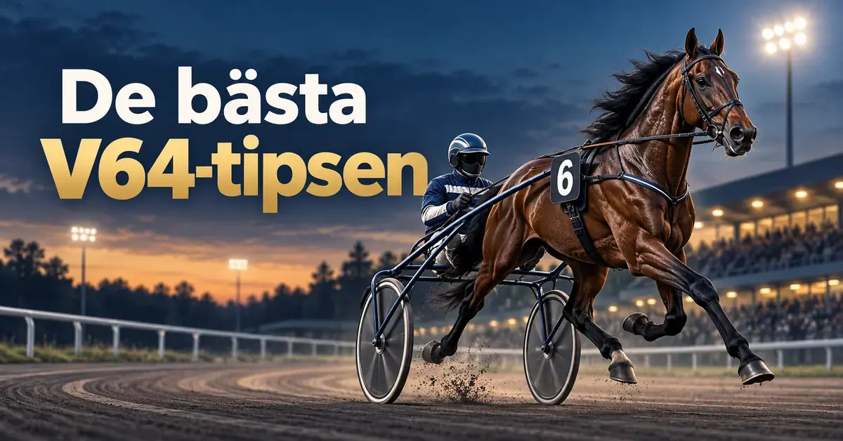 Illustration av en travhäst med sulky och kusk på en upplyst travbana i skymningen, med texten ”De bästa V64-tipsen”.