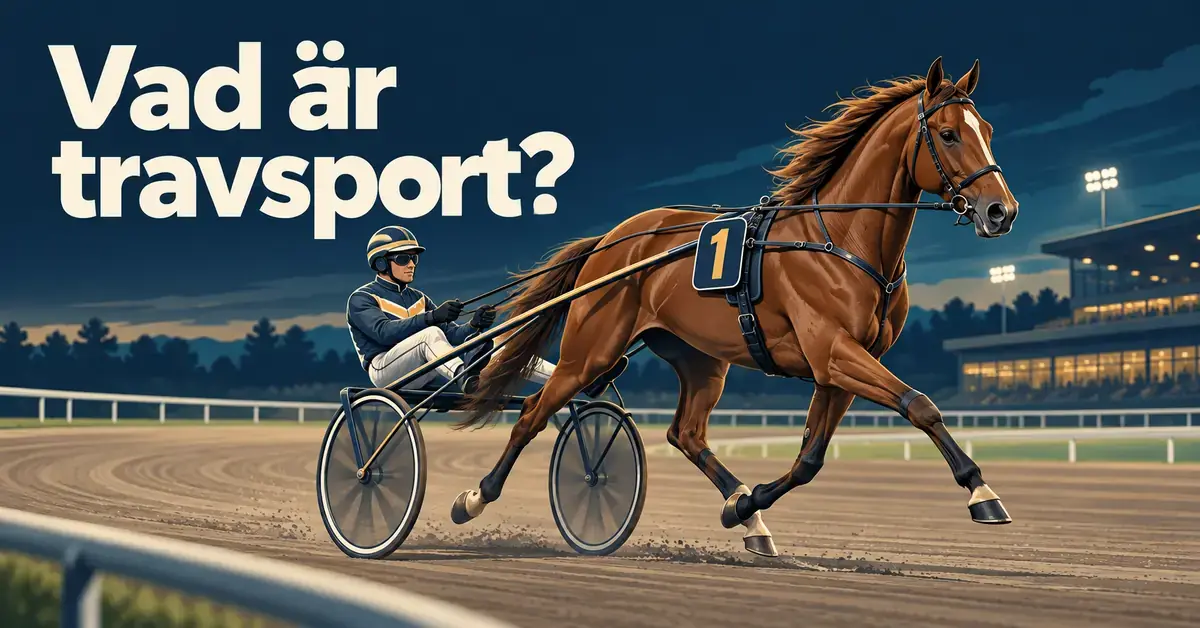 Illustration av en travhäst med kusk i sulky på en travbana och rubriken ”Vad är travsport?”.