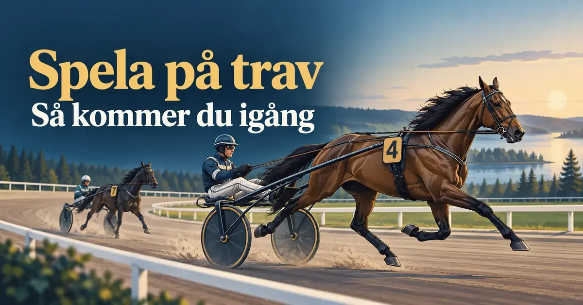 Illustration av två travhästar med kuskar i sulky på en travbana, med texten ”Spela på trav – Så kommer du igång”.
