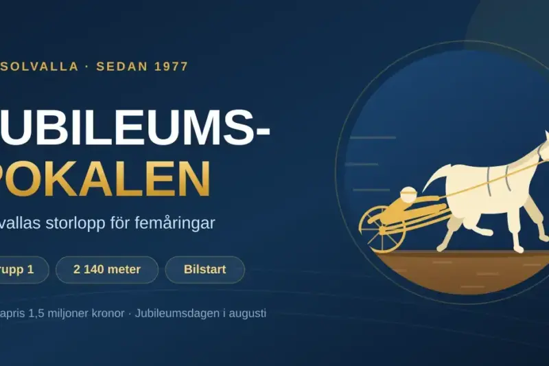 Grafisk illustration av en travhäst med sulky och kusk på Solvallas travbana, med texten "Jubileumspokalen – Solvallas storlopp för femåringar".