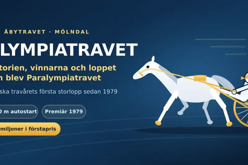 Grafisk illustration av en travhäst med kusk i sulky bredvid texten Olympiatravet – historien, vinnarna och loppet som blev Paralympiatravet.