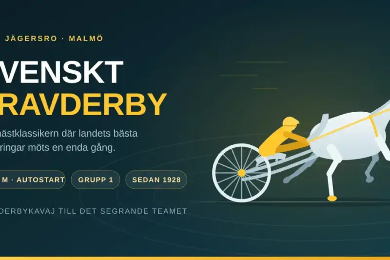 Grafisk illustration av en travhäst med sulky och en kusk i gul derbykavaj, bredvid texten ”Svenskt Travderby – Jägersro, Malmö”.