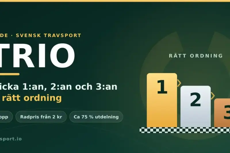 Grafik med rubriken Trio där en prispall visar siffrorna 1, 2 och 3 i rätt ordning ovanför en rutig mållinje, som illustration av travspelet Trio.