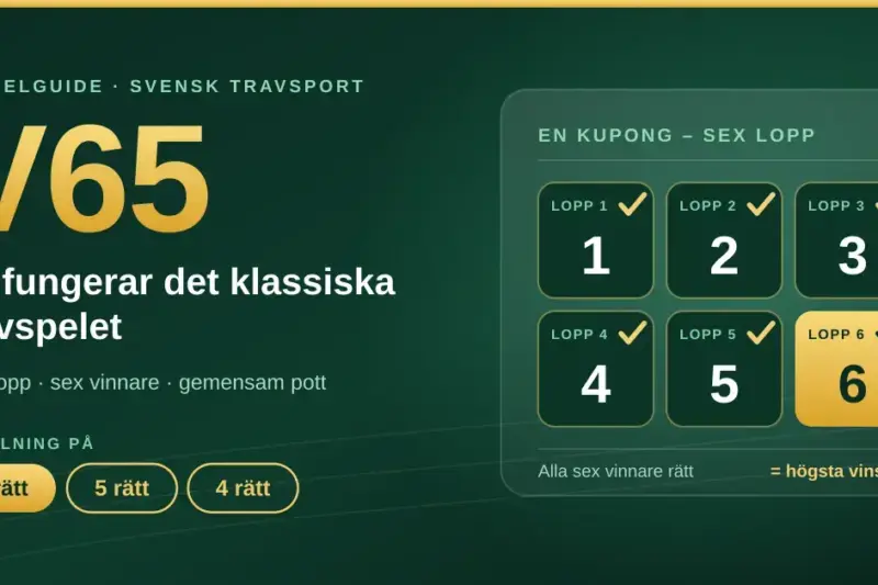 Grafik i grönt och guld med rubriken ”V65 – så fungerar det klassiska travspelet”, en kupong med sex avbockade lopp och utdelningsnivåerna 6, 5 och 4 rätt.