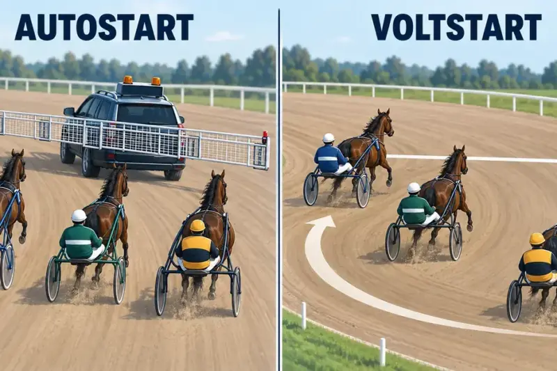 Illustration som jämför autostart, där travhästar med sulky följer en startbil med utfällda vingar, med voltstart, där ekipagen vänder upp mot startlinjen.