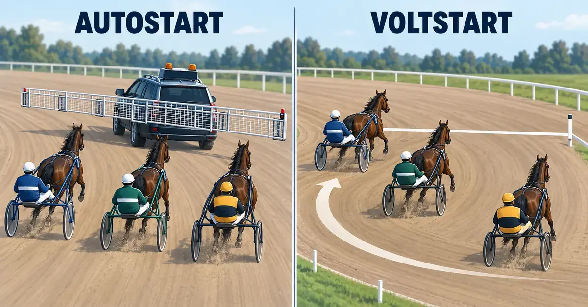 Illustration som jämför autostart, där travhästar med sulky följer en startbil med utfällda vingar, med voltstart, där ekipagen vänder upp mot startlinjen.