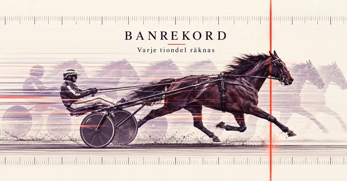 Grafisk illustration av en travhäst med sulky och kusk som passerar en röd mållinje, med tidmarkeringar och texten ”Banrekord – Varje tiondel räknas”.