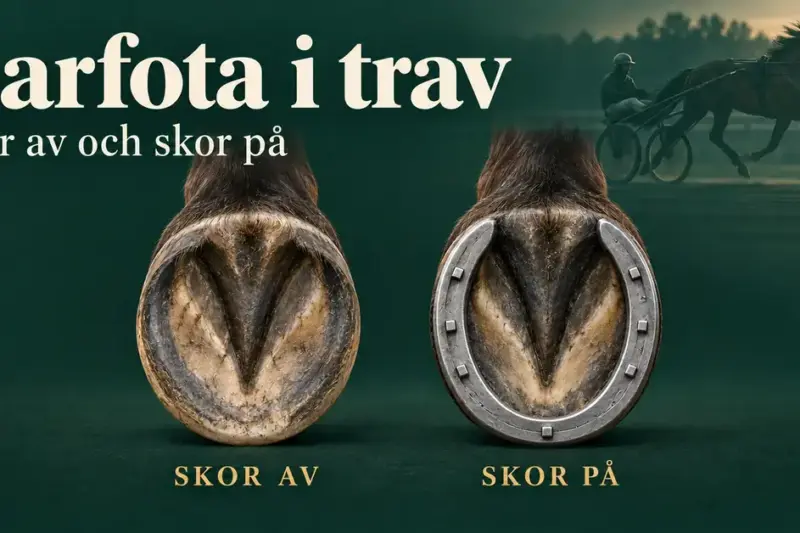 Illustration av en barfota hov och en hov med hästsko, märkta ”Skor av” och ”Skor på”, med en travhäst och sulky i bakgrunden.