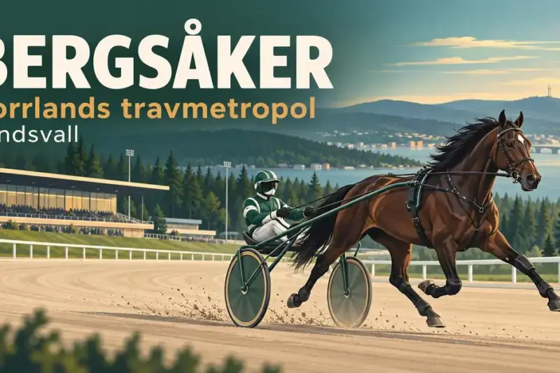 Illustration av en travhäst med sulky och kusk på en travbana, med skog och läktare i bakgrunden samt texten ”Bergsåker – Norrlands travmetropol – Sundsvall”.