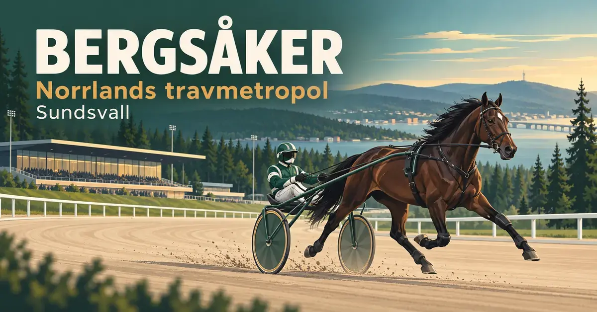 Illustration av en travhäst med sulky och kusk på en travbana, med skog och läktare i bakgrunden samt texten ”Bergsåker – Norrlands travmetropol – Sundsvall”.