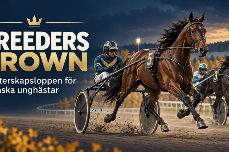 Två travhästar med kuskar i sulky tävlar på en höstlig travbana intill texten ”Breeders Crown – Mästerskapsloppen för svenska unghästar”.