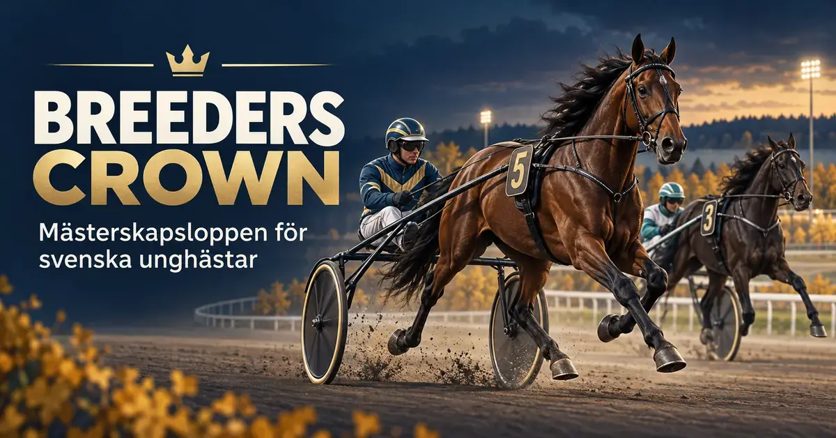 Två travhästar med kuskar i sulky tävlar på en höstlig travbana intill texten ”Breeders Crown – Mästerskapsloppen för svenska unghästar”.