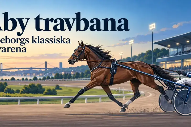 Illustration av en travhäst med sulky och kusk framför en läktare i kvällsljus, med texten ”Åby travbana – Göteborgs klassiska travarena”.