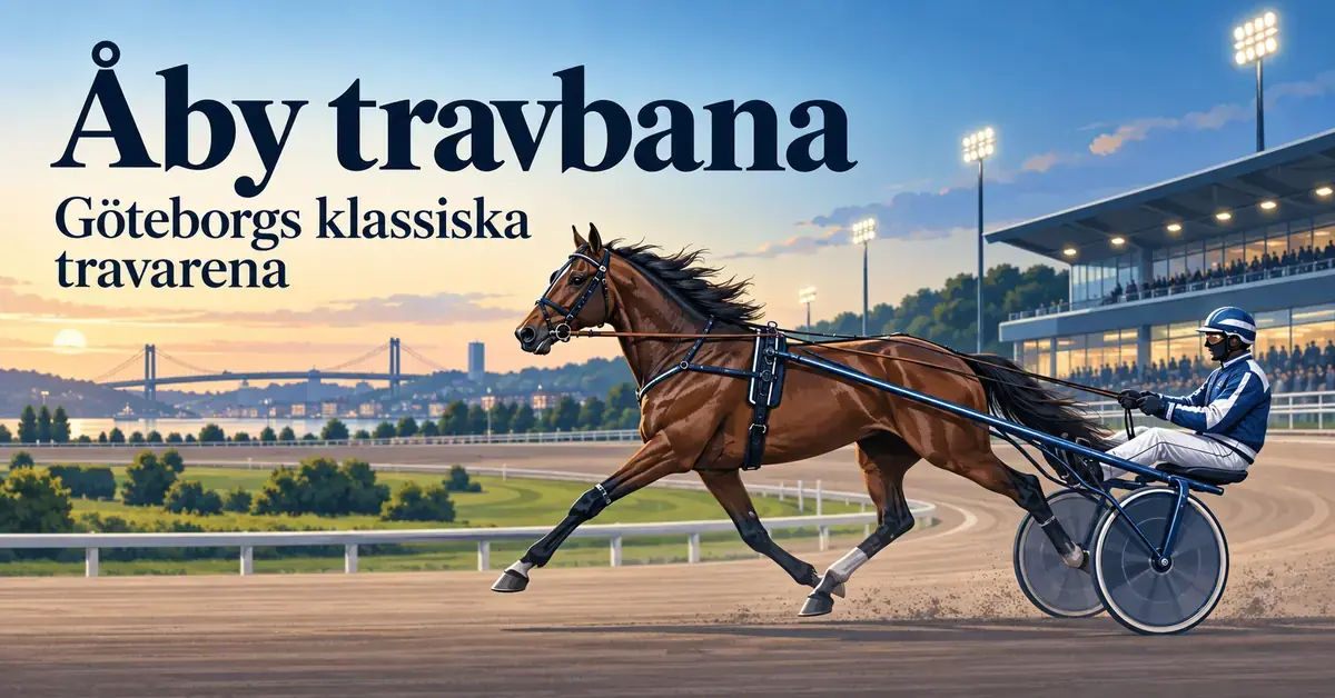 Illustration av en travhäst med sulky och kusk framför en läktare i kvällsljus, med texten ”Åby travbana – Göteborgs klassiska travarena”.