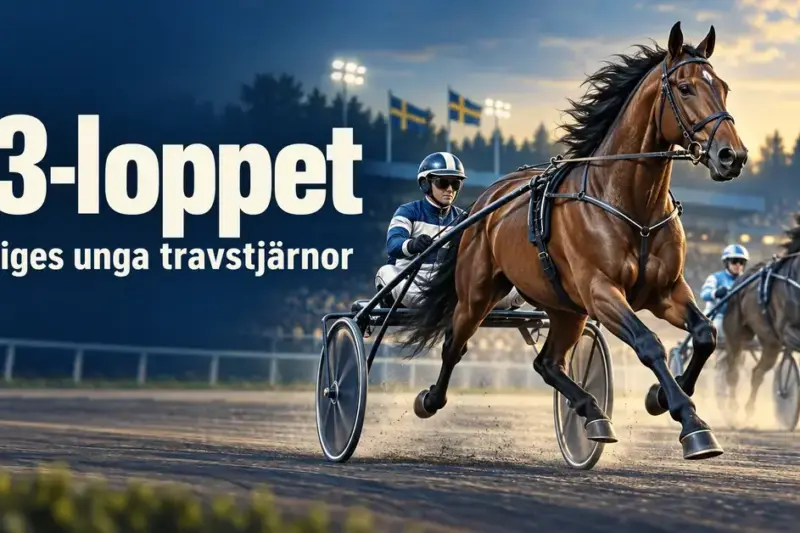 Två travhästar med kuskar i sulky tävlar på en svensk travbana under texten ”E3-loppet – Sveriges unga travstjärnor”.