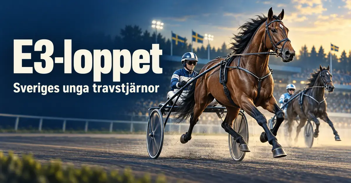 Två travhästar med kuskar i sulky tävlar på en svensk travbana under texten ”E3-loppet – Sveriges unga travstjärnor”.