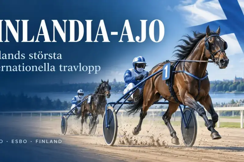 Illustration av två travhästar med kuskar i sulky på en travbana, med Finlands flagga och texten Finlandia-Ajo – Finlands största internationella travlopp.