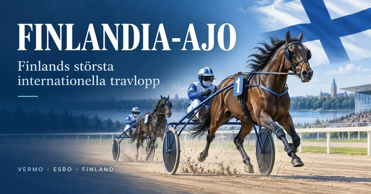 Illustration av två travhästar med kuskar i sulky på en travbana, med Finlands flagga och texten Finlandia-Ajo – Finlands största internationella travlopp.