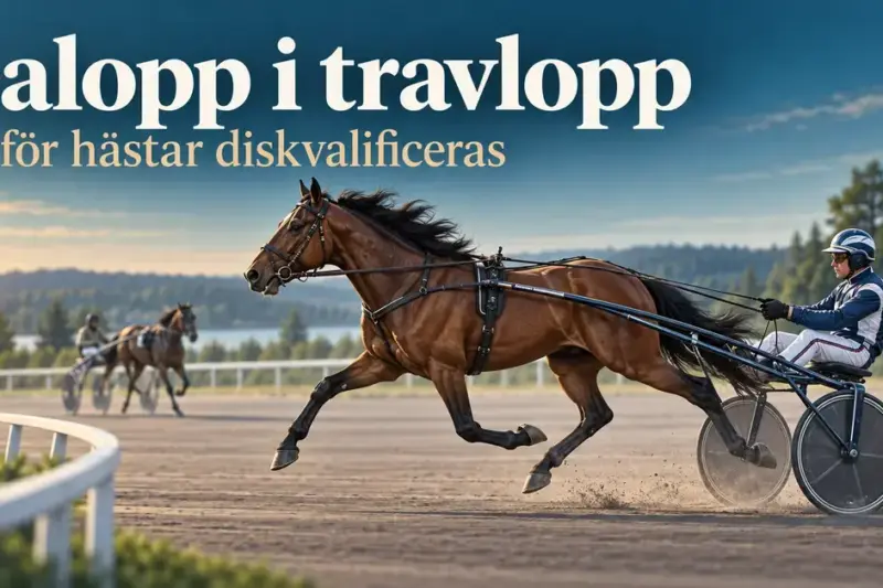 En brun travhäst galopperar framför en sulky med kusk på en travbana under rubriken ”Galopp i travlopp – Varför hästar diskvalificeras”.