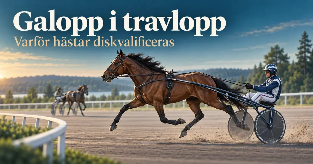 En brun travhäst galopperar framför en sulky med kusk på en travbana under rubriken ”Galopp i travlopp – Varför hästar diskvalificeras”.