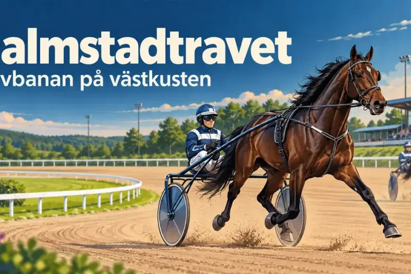 Illustration av travhästar med kuskar i sulky på en solig travbana med texten ”Halmstadtravet – Travbanan på västkusten”.