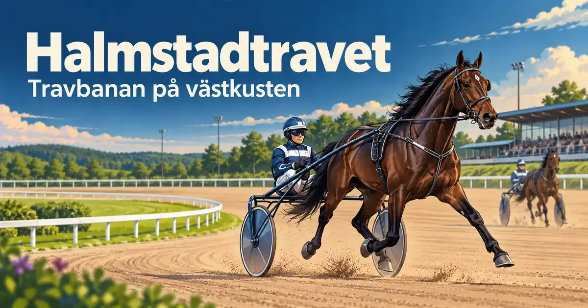 Illustration av travhästar med kuskar i sulky på en solig travbana med texten ”Halmstadtravet – Travbanan på västkusten”.