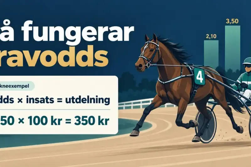 Illustration av en travhäst med sulky och kusk samt ett räkneexempel där oddset 3,50 gånger insatsen 100 kronor ger 350 kronor i utdelning.