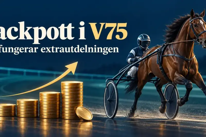 En travhäst med sulky och kusk bredvid växande myntstaplar och en uppåtgående pil under texten ”Jackpott i V75 – Så fungerar extrautdelningen”.