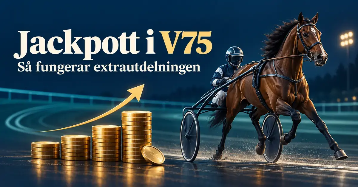 En travhäst med sulky och kusk bredvid växande myntstaplar och en uppåtgående pil under texten ”Jackpott i V75 – Så fungerar extrautdelningen”.