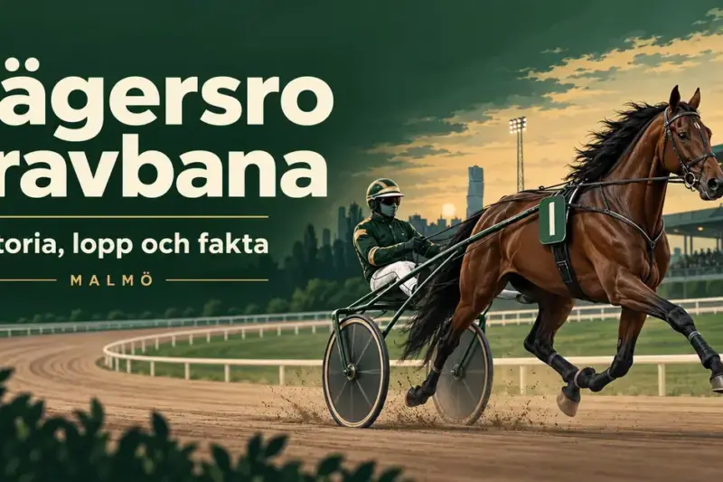 Illustration av en travhäst med sulky och kusk på en travbana, med texten ”Jägersro travbana – Historia, lopp och fakta” och ”Malmö”.