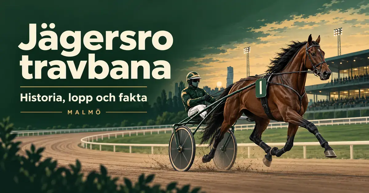 Illustration av en travhäst med sulky och kusk på en travbana, med texten ”Jägersro travbana – Historia, lopp och fakta” och ”Malmö”.