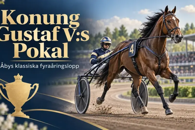 Illustration av en travhäst med sulky och kusk på en travbana, en gyllene pokal och texten ”Konung Gustaf V:s Pokal – Åbys klassiska fyraåringslopp”.