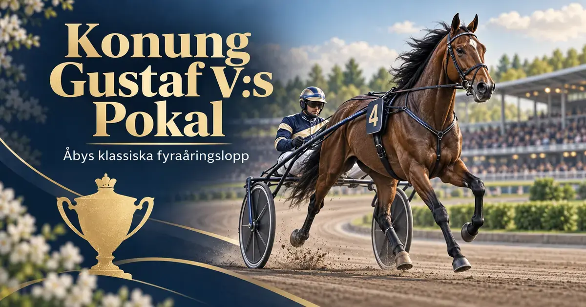 Illustration av en travhäst med sulky och kusk på en travbana, en gyllene pokal och texten ”Konung Gustaf V:s Pokal – Åbys klassiska fyraåringslopp”.