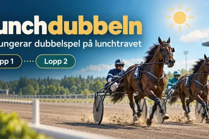 Två travhästar med kuskar i sulky på en solbelyst travbana, med rubriken Lunchdubbeln och markeringarna Lopp 1 och Lopp 2.