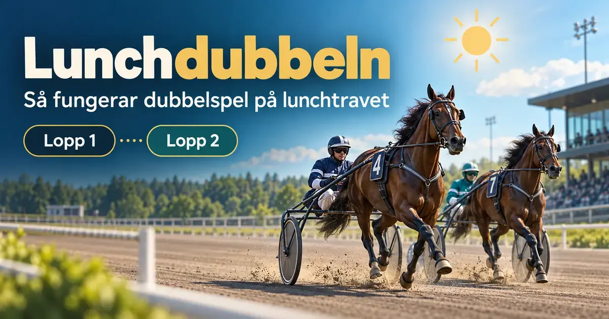 Två travhästar med kuskar i sulky på en solbelyst travbana, med rubriken Lunchdubbeln och markeringarna Lopp 1 och Lopp 2.