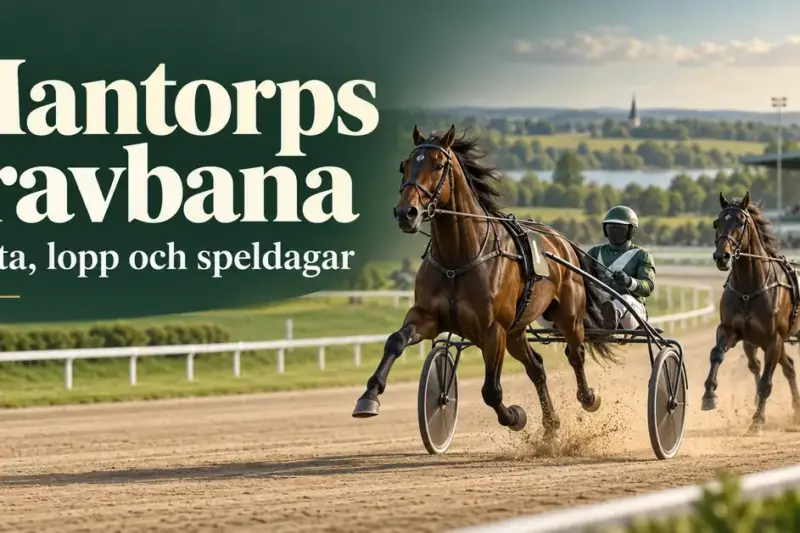 Illustration av två travhästar med sulky och kusk på en travbana, med texten ”Mantorps travbana – Fakta, lopp och speldagar”.