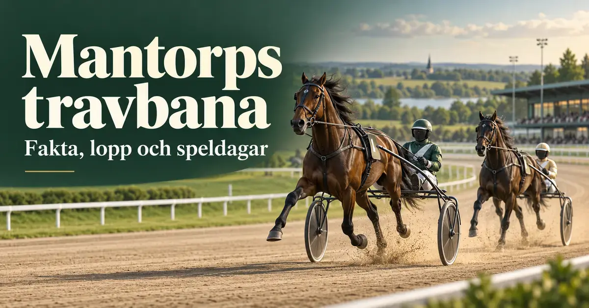 Illustration av två travhästar med sulky och kusk på en travbana, med texten ”Mantorps travbana – Fakta, lopp och speldagar”.