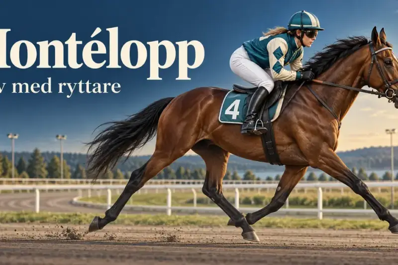 En montéryttare i turkos och vit tävlingsdräkt rider en brun häst i trav på en travbana under texten ”Montélopp – Trav med ryttare”.