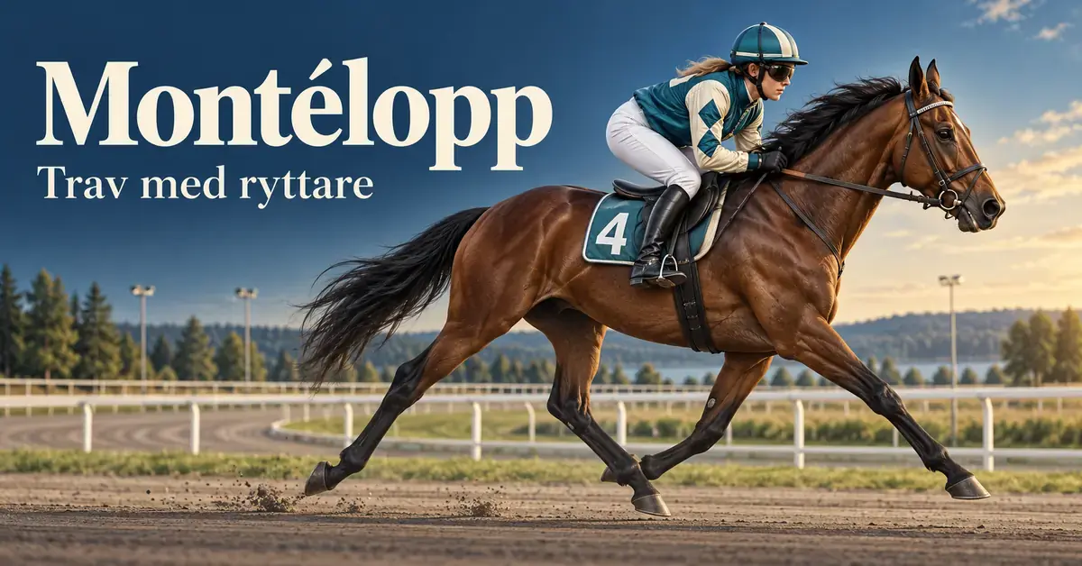 En montéryttare i turkos och vit tävlingsdräkt rider en brun häst i trav på en travbana under texten ”Montélopp – Trav med ryttare”.