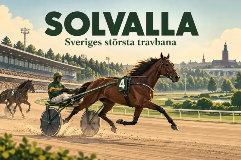 Illustration av travhästar med sulky och kusk framför läktare, med texten ”Solvalla – Sveriges största travbana”.