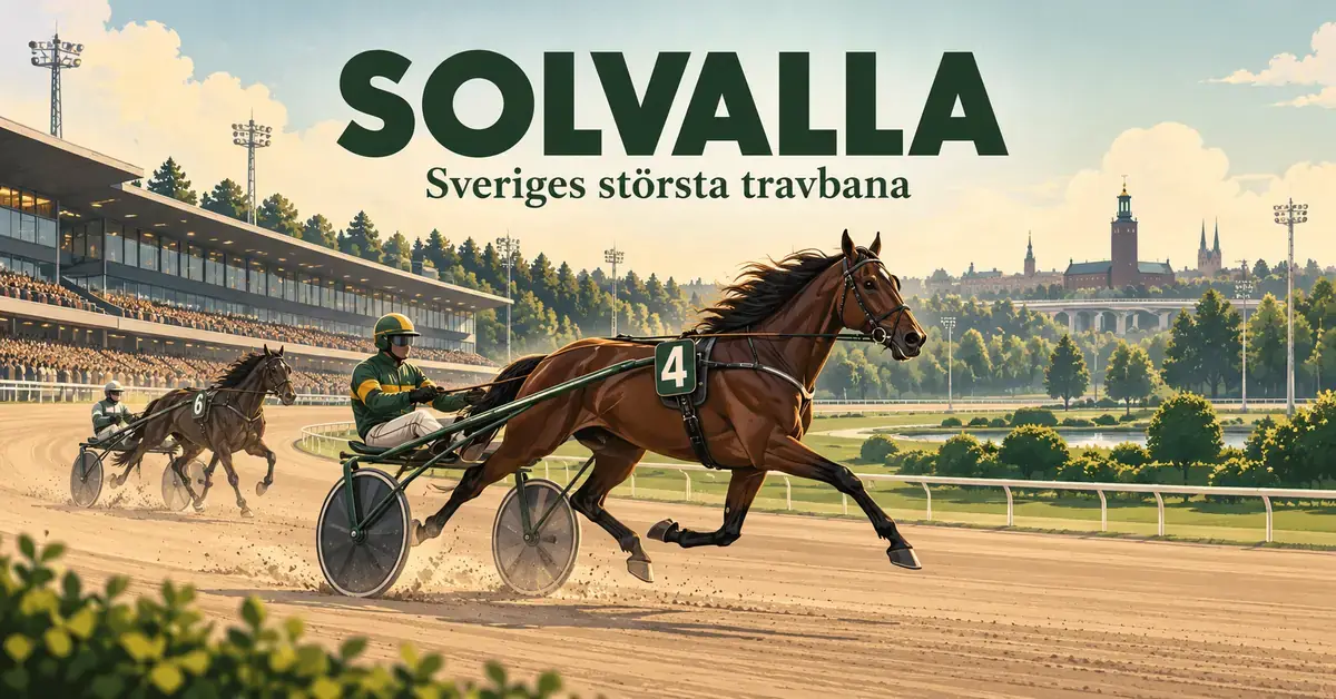 Illustration av travhästar med sulky och kusk framför läktare, med texten ”Solvalla – Sveriges största travbana”.