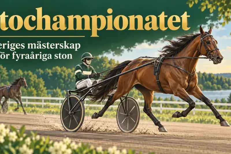 Illustration av ett travande sto med sulky och kusk på en somrig travbana under rubriken Stochampionatet – Sveriges mästerskap för fyraåriga ston.