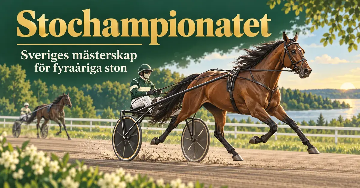 Illustration av ett travande sto med sulky och kusk på en somrig travbana under rubriken Stochampionatet – Sveriges mästerskap för fyraåriga ston.