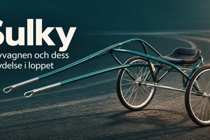 Illustration av en modern sulky med två ekerhjul, sits och långa skaklar på en travbana, intill texten ”Sulky – Travvagnen och dess betydelse i loppet”.