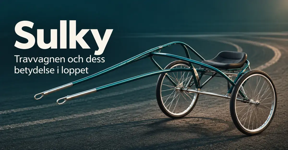 Illustration av en modern sulky med två ekerhjul, sits och långa skaklar på en travbana, intill texten ”Sulky – Travvagnen och dess betydelse i loppet”.