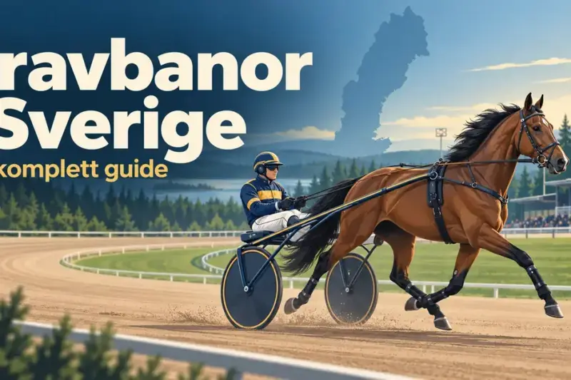 Illustration av en travhäst med sulky och kusk på en svensk travbana, med Sveriges silhuett och texten ”Travbanor i Sverige – En komplett guide”.